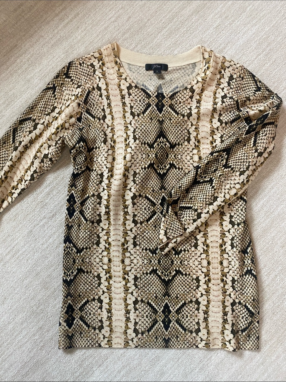 J. Crew Beige and Black Snake-Print Long Sleeve Merino Wool Sweater